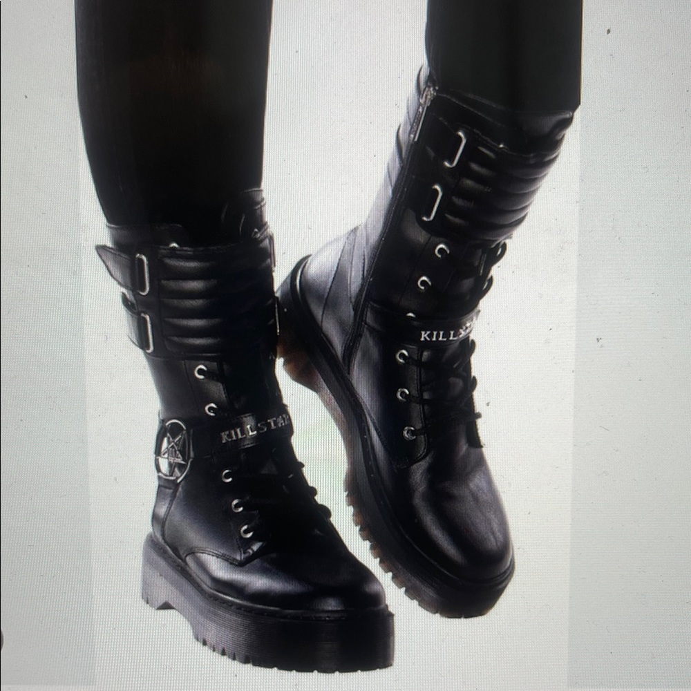 New Killstar Gothic Goth Combat Corrosion Boots Pentagram Hardware-Size 6